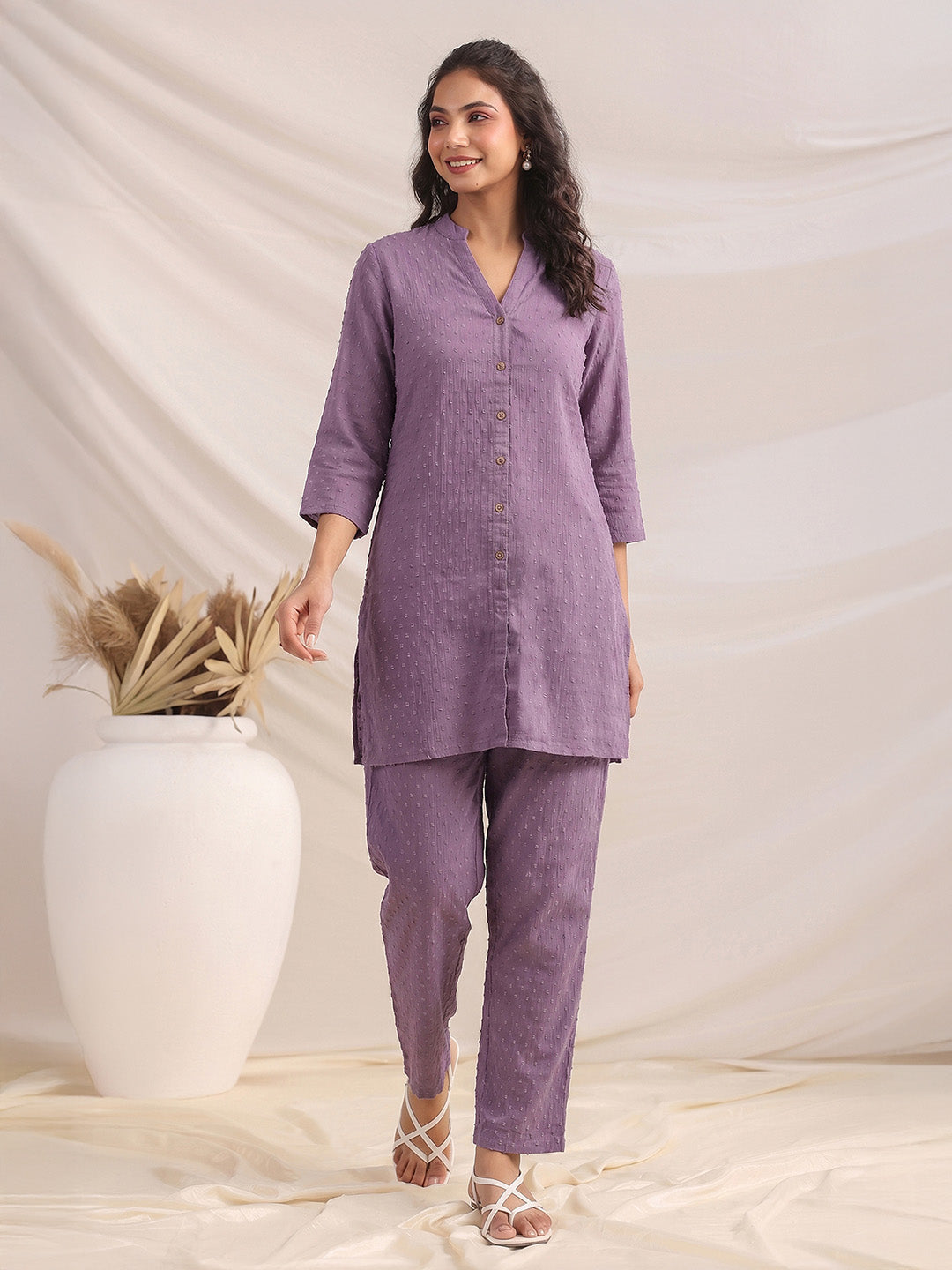 Janasya Lavender A-Line Dobby Chiffon Pant Co-ord Sets - Dista
