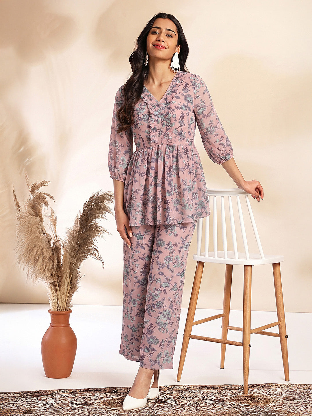 Janasya Baby Pink A-Line Georgette Pant Co-ord Sets - Dista