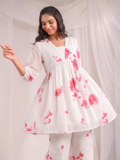 Janasya Off White Gathering Dobby Georgette Pant Co-ord Sets - Dista