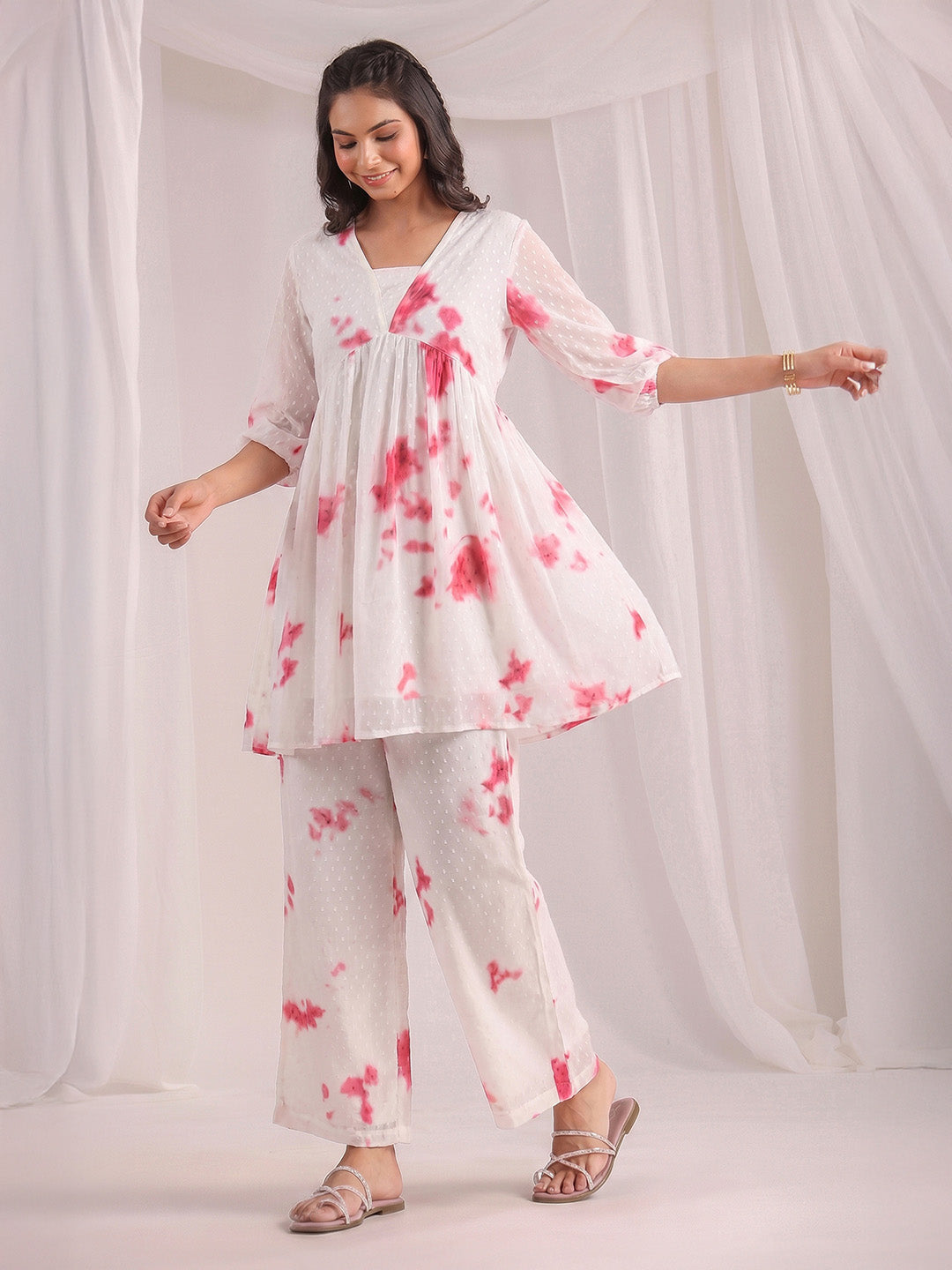 Janasya Off White Gathering Dobby Georgette Pant Co-ord Sets - Dista