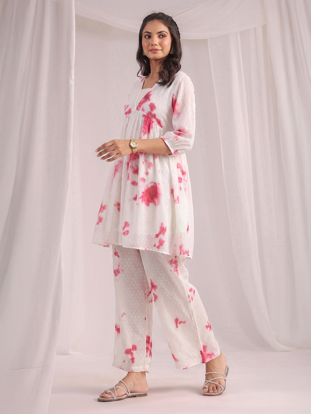 Janasya Off White Gathering Dobby Georgette Pant Co-ord Sets - Dista