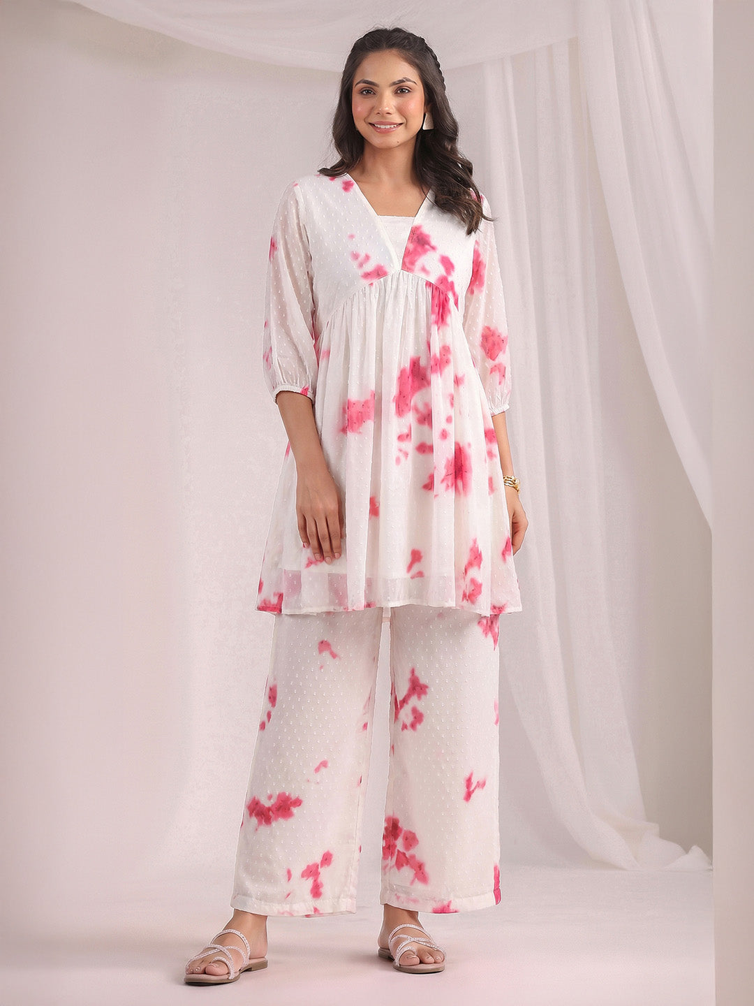 Janasya Off White Gathering Dobby Georgette Pant Co-ord Sets - Dista