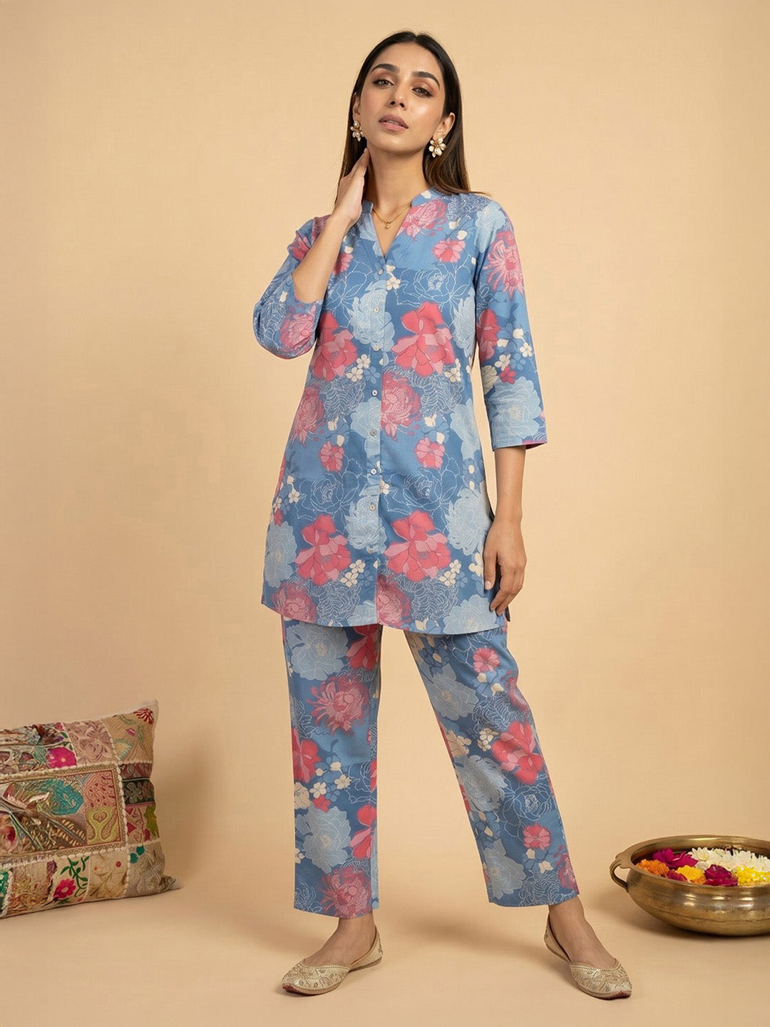 Janasya Blue Straight Cotton Pant Co-ord Sets - Dista
