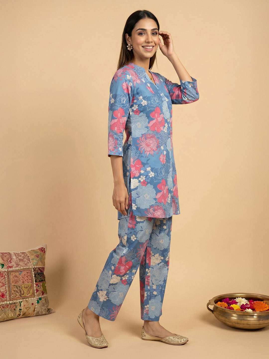 Janasya Blue Straight Cotton Pant Co-ord Sets - Dista