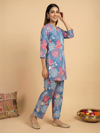 Janasya Blue Straight Cotton Pant Co-ord Sets - Dista