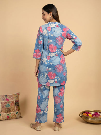 Janasya Blue Straight Cotton Pant Co-ord Sets - Dista