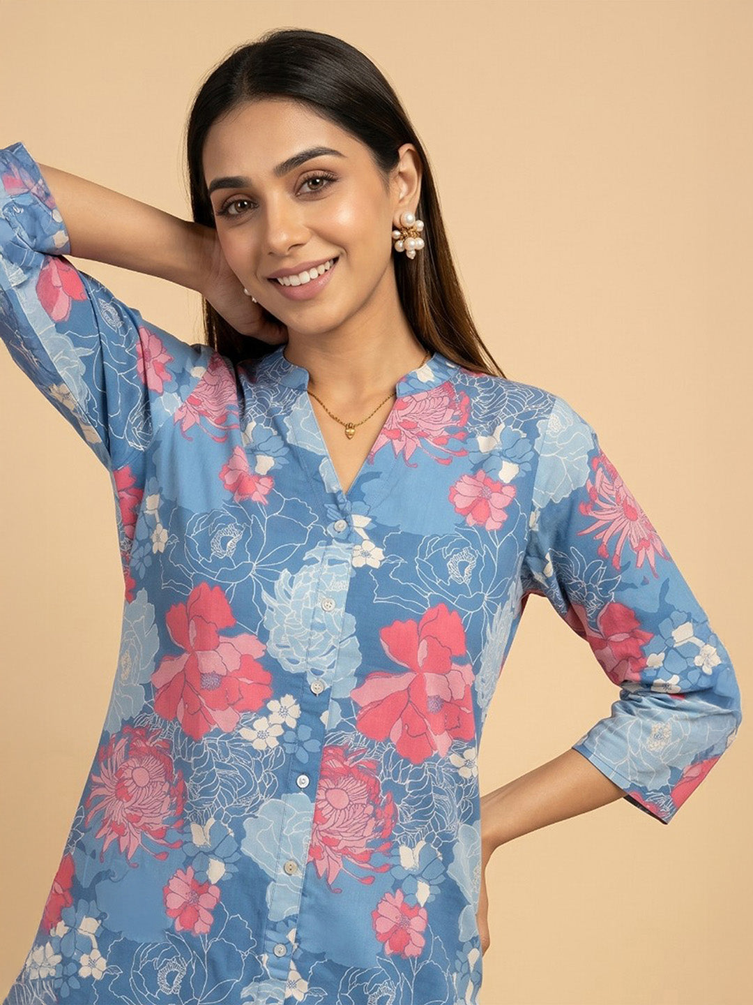 Janasya Blue Straight Cotton Pant Co-ord Sets - Dista