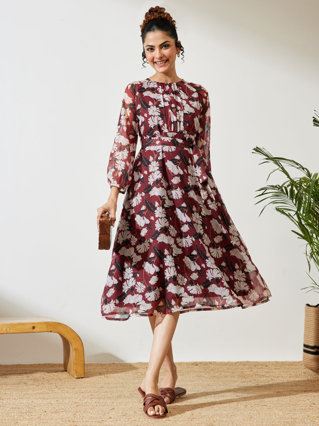 Janasya Brown A-Line Chiffon Dress - Dista