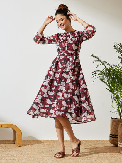 Janasya Brown A-Line Chiffon Dress - Dista