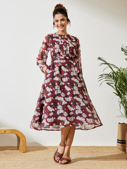 Janasya Brown A-Line Chiffon Dress - Dista