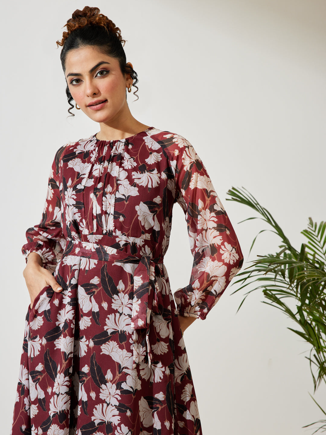 Janasya Brown A-Line Chiffon Dress - Dista