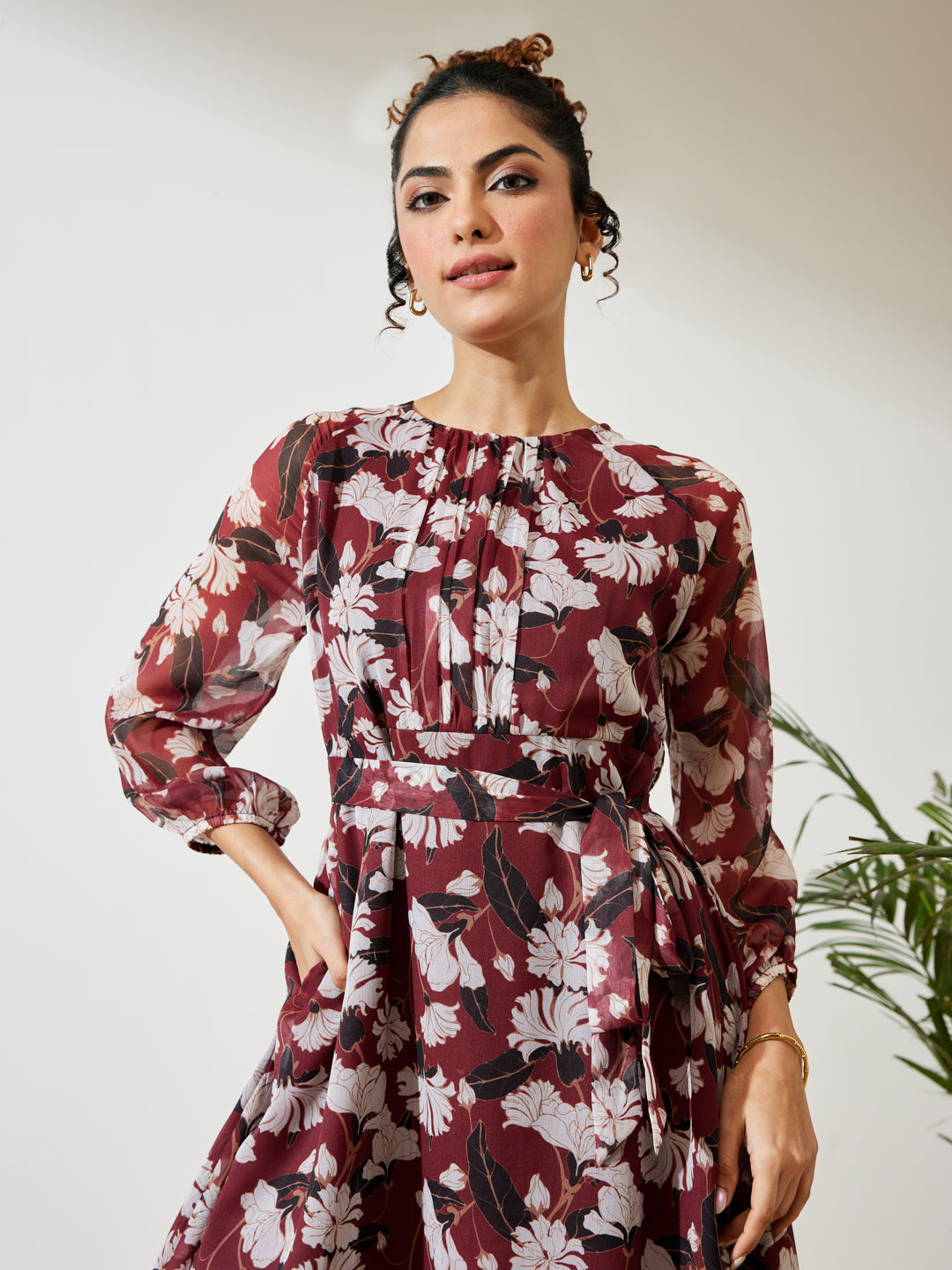Janasya Brown A-Line Chiffon Dress - Dista