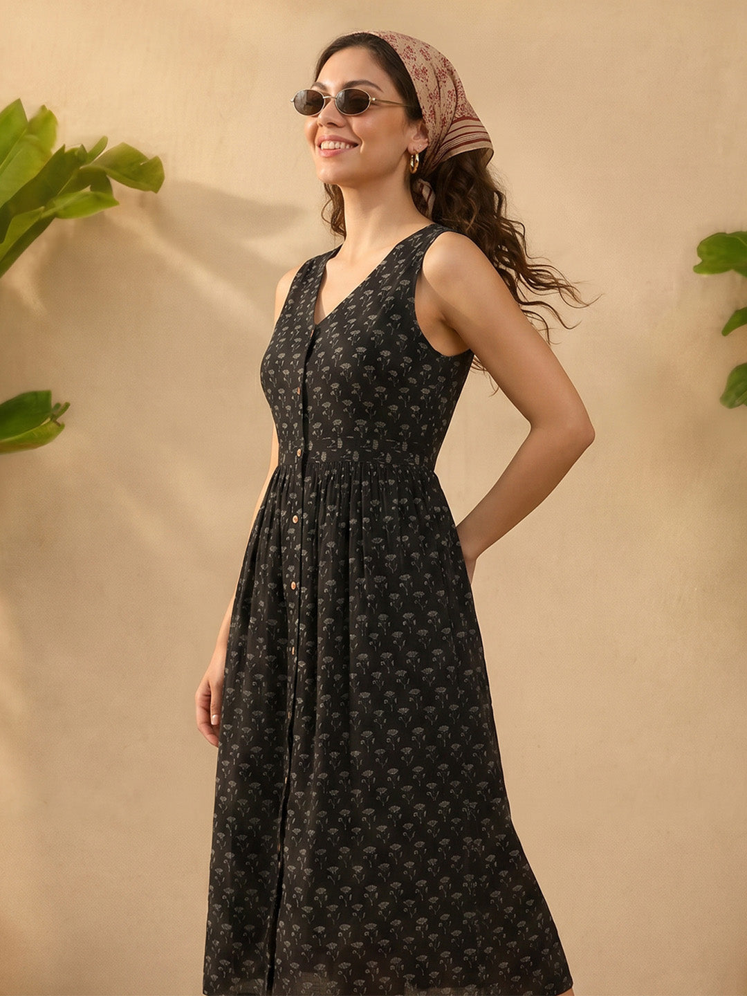 Janasya Black A-Line Cotton Dress - Dista