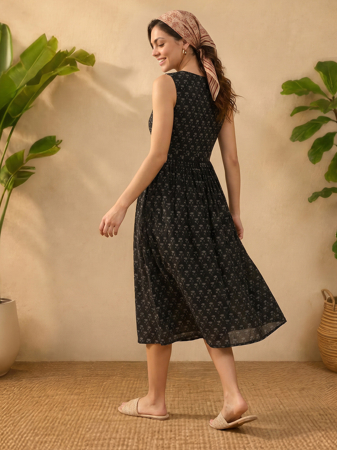 Janasya Black A-Line Cotton Dress - Dista