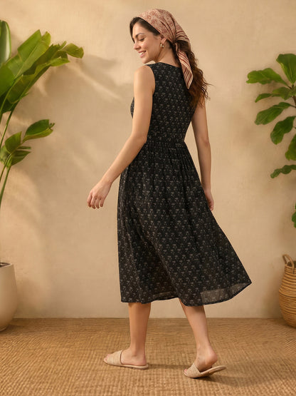 Janasya Black A-Line Cotton Dress - Dista
