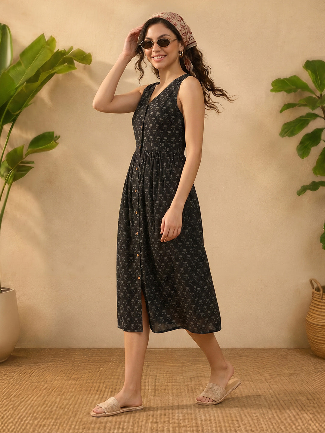 Janasya Black A-Line Cotton Dress - Dista