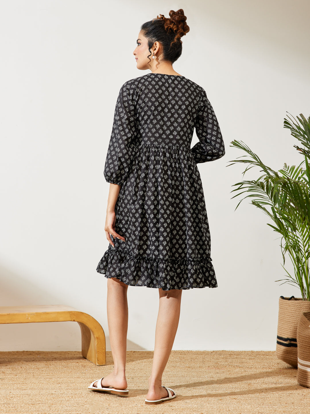 Janasya Black A-Line Cotton Dress - Dista