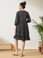 Thumbnail for Janasya Black A-Line Cotton Dress - Dista