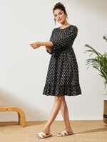 Thumbnail for Janasya Black A-Line Cotton Dress - Dista