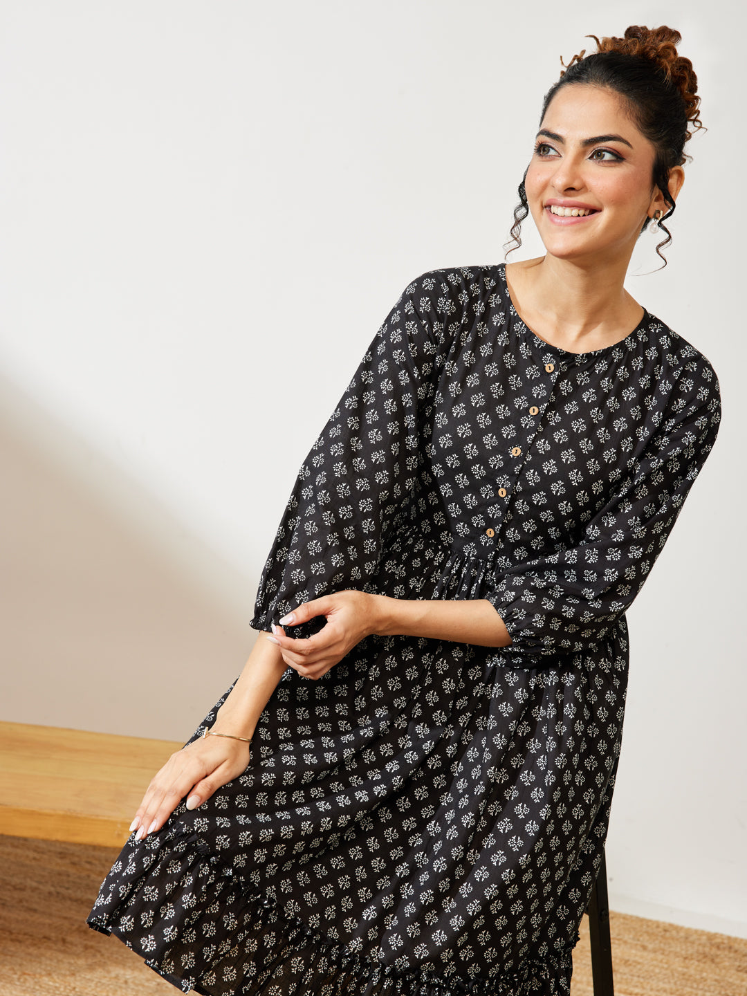 Janasya Black A-Line Cotton Dress - Dista