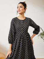 Thumbnail for Janasya Black A-Line Cotton Dress - Dista