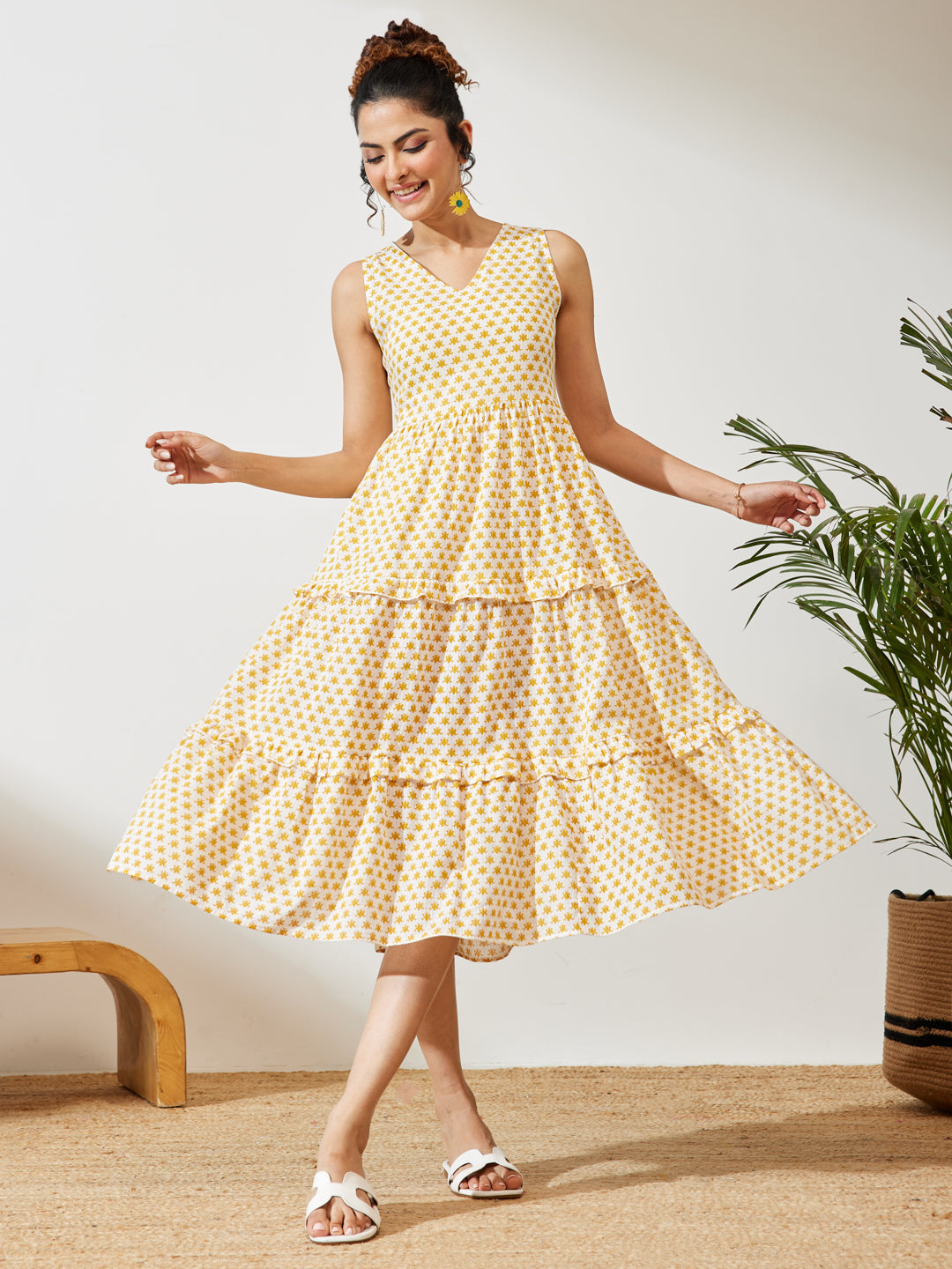 Janasya Off White Tiered Cotton Dress - Dista