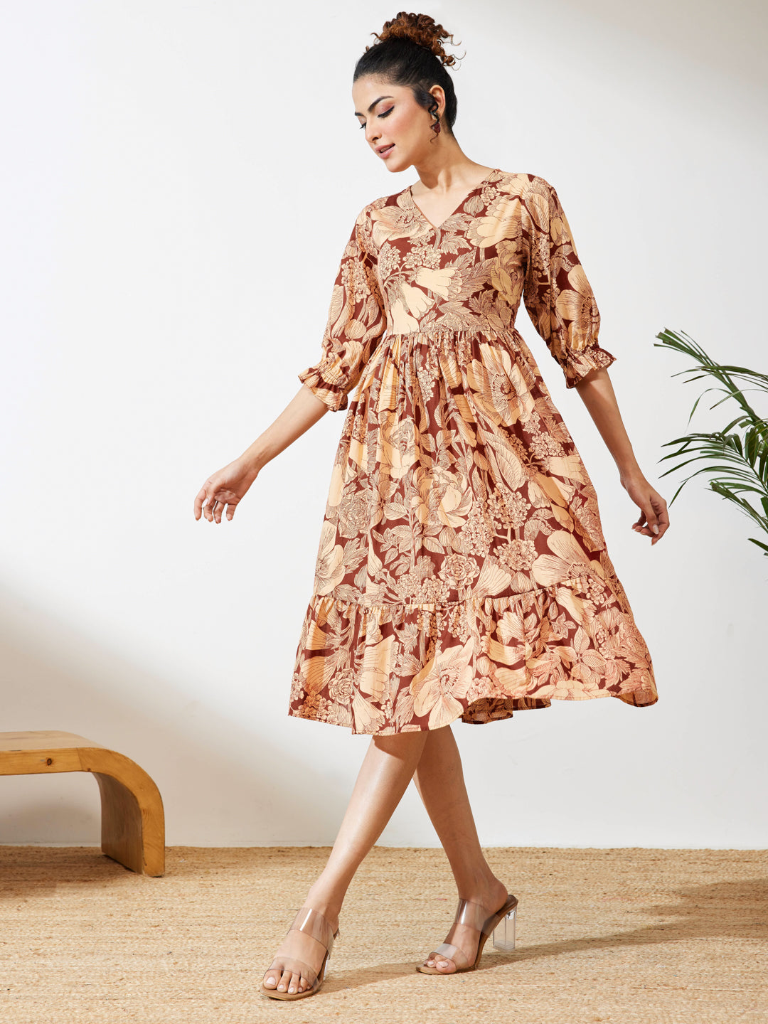 Janasya Maroon Flared Cotton Dress - Dista