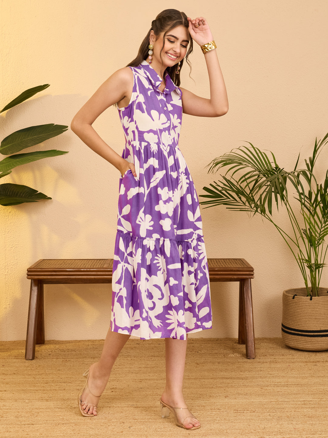 Janasya Purple A-Line Cotton Dress - Dista