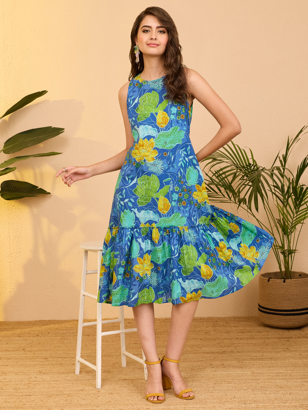 Janasya Aqua Tiered Cotton Dress - Dista
