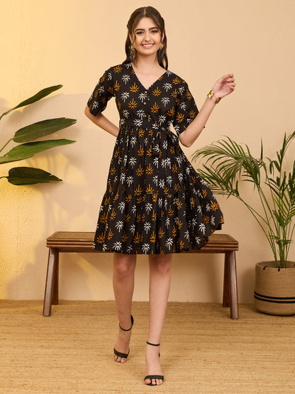Janasya Black Fit & Flare Cotton Dress - Dista