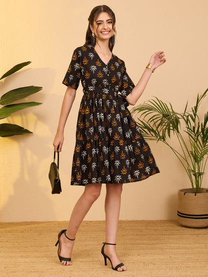 Janasya Black Fit & Flare Cotton Dress - Dista