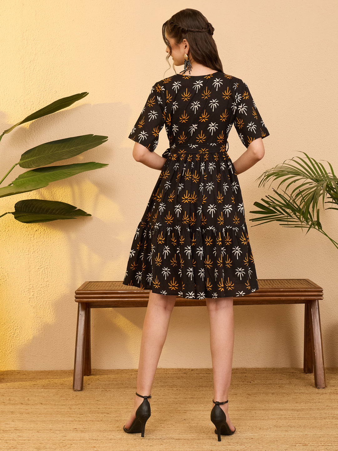 Janasya Black Fit & Flare Cotton Dress - Dista