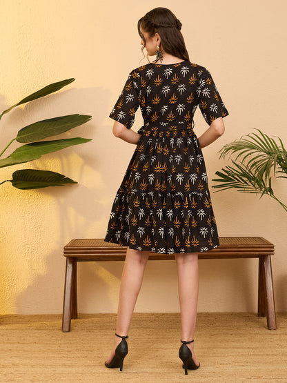 Janasya Black Fit & Flare Cotton Dress - Dista