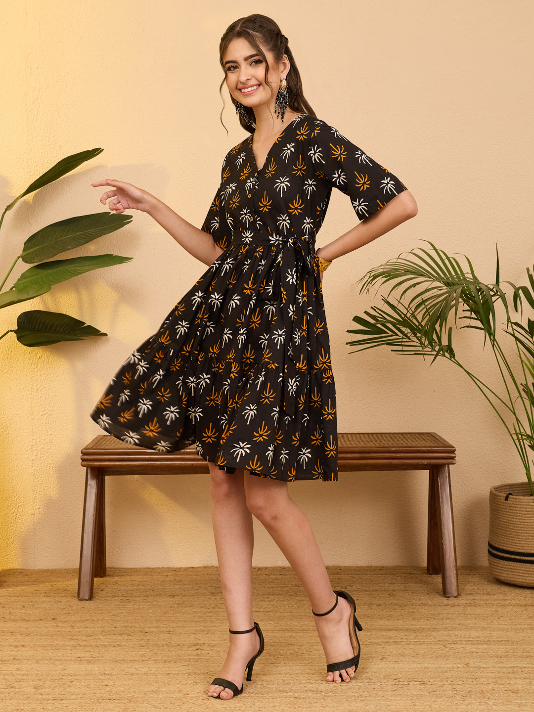 Janasya Black Fit & Flare Cotton Dress - Dista