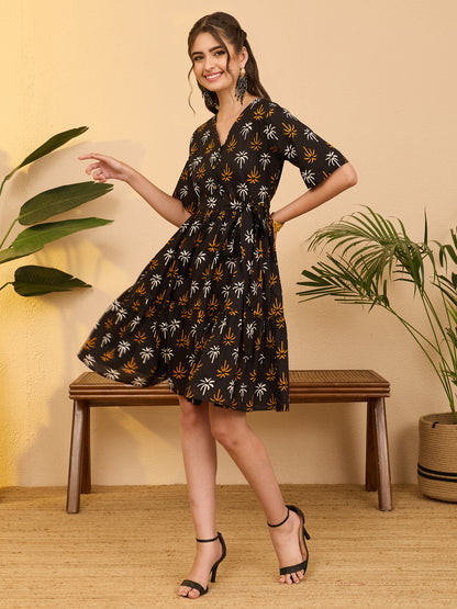 Janasya Black Fit & Flare Cotton Dress - Dista