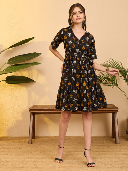 Janasya Black Fit & Flare Cotton Dress - Dista