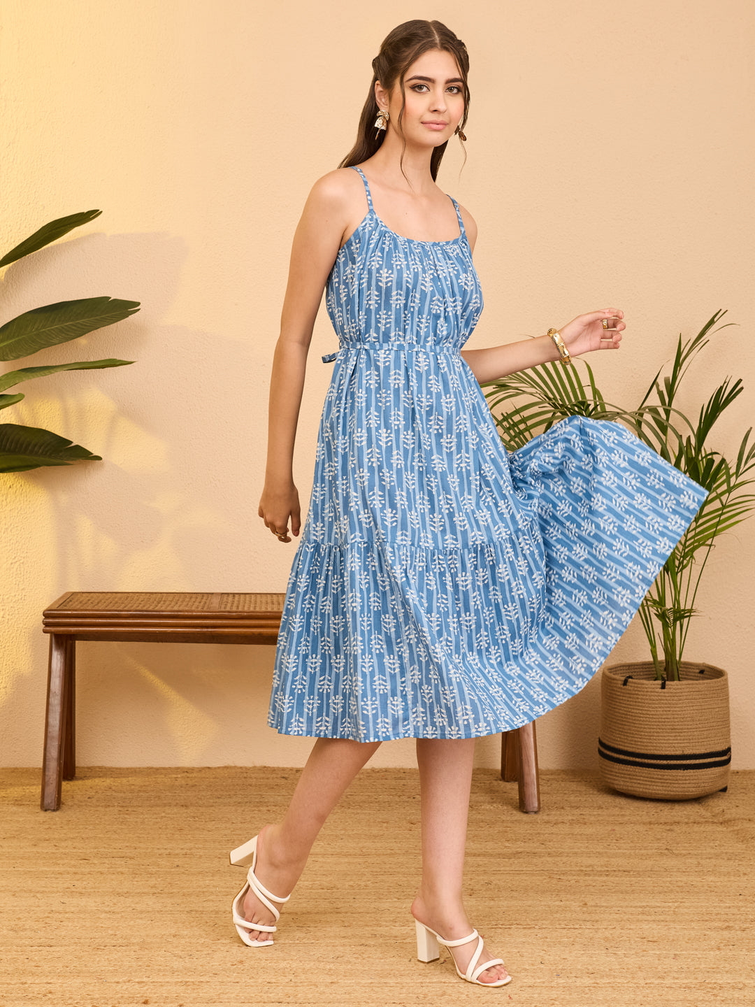Janasya Blue A-Line Cotton Dress - Dista