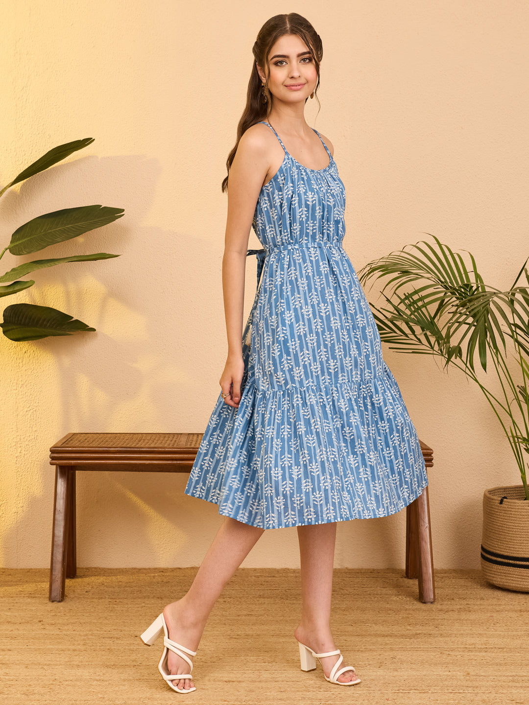 Janasya Blue A-Line Cotton Dress - Dista