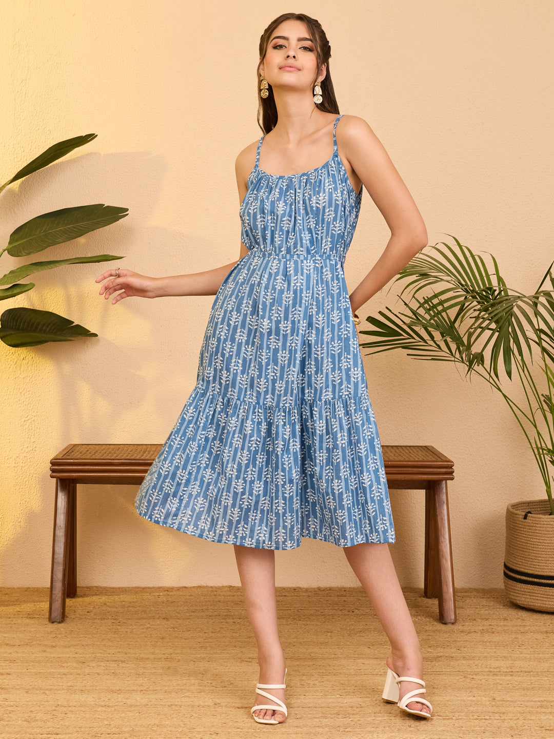 Janasya Blue A-Line Cotton Dress - Dista
