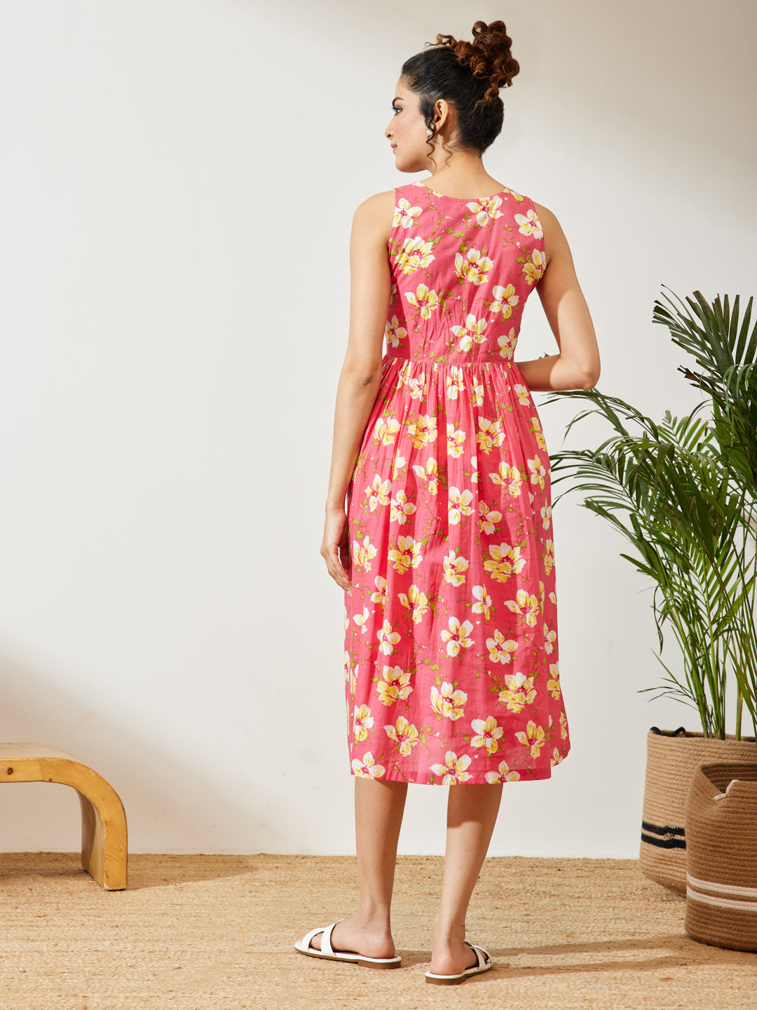 Janasya Pink A-Line Cotton Dress - Dista