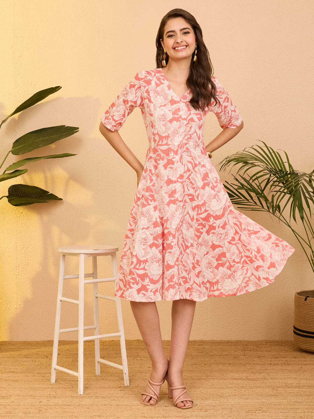 Janasya Coral Flared Cotton Dress - Dista