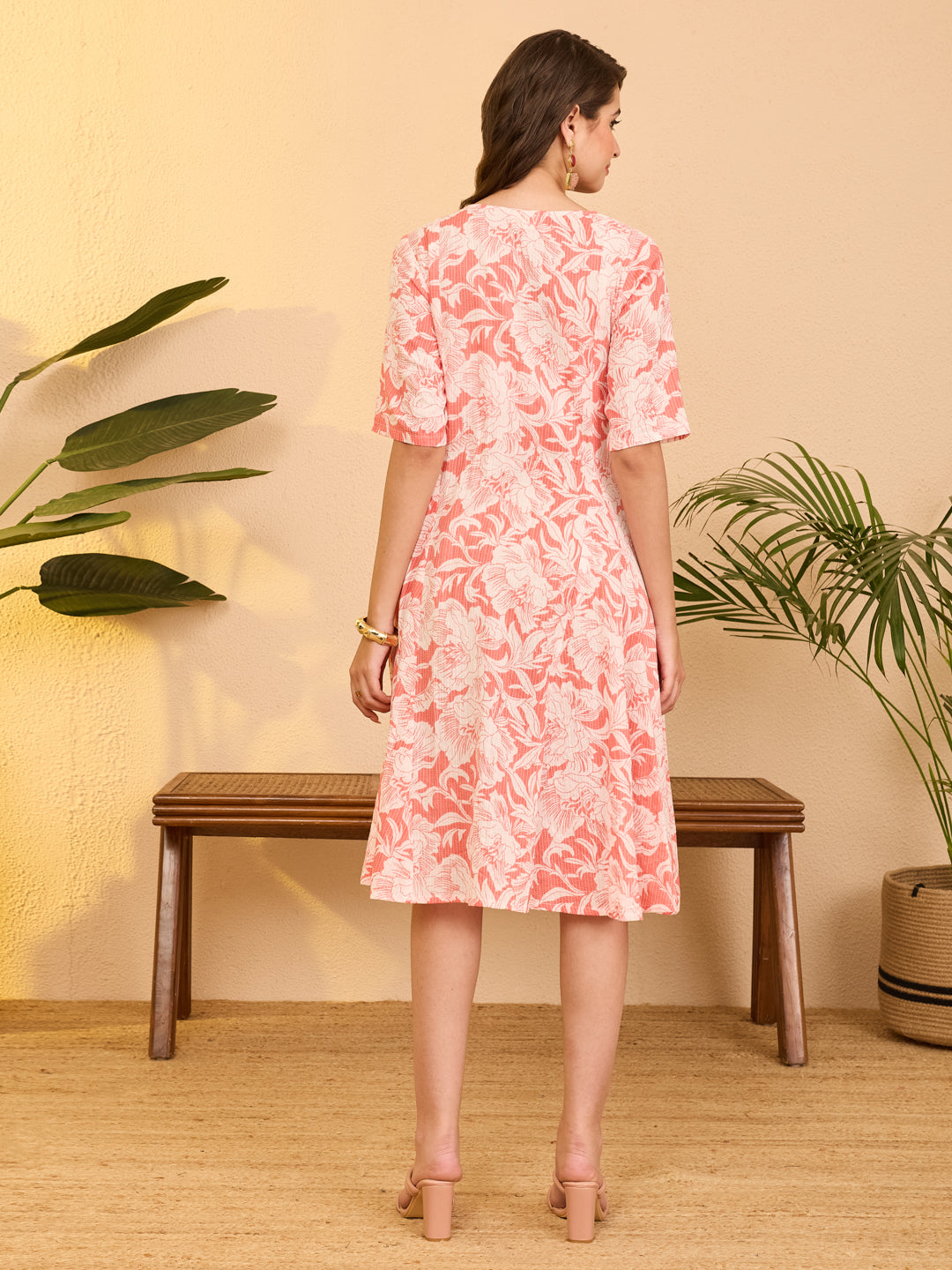 Janasya Coral Flared Cotton Dress - Dista