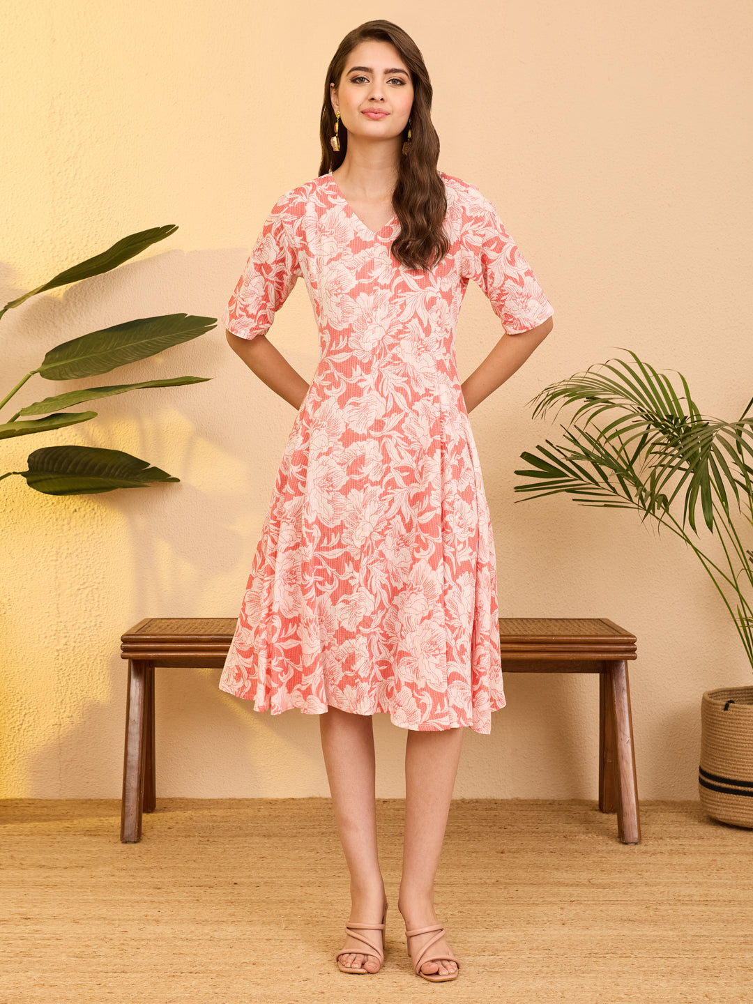 Janasya Coral Flared Cotton Dress - Dista