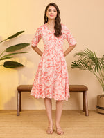 Thumbnail for Janasya Coral Flared Cotton Dress - Dista