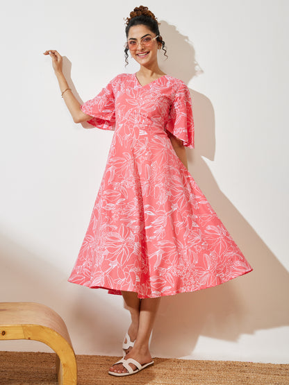 Janasya Peach A-Line Cotton Dress - Dista