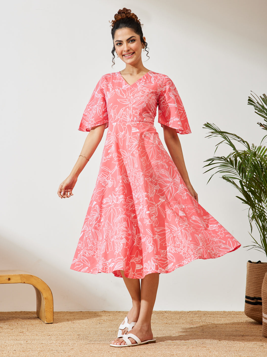 Janasya Peach A-Line Cotton Dress - Dista