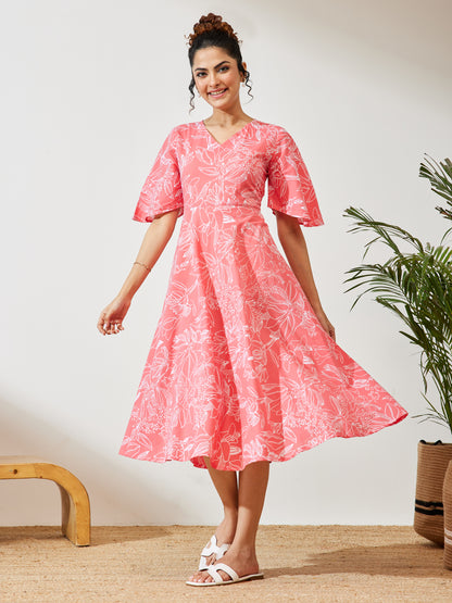 Janasya Peach A-Line Cotton Dress - Dista