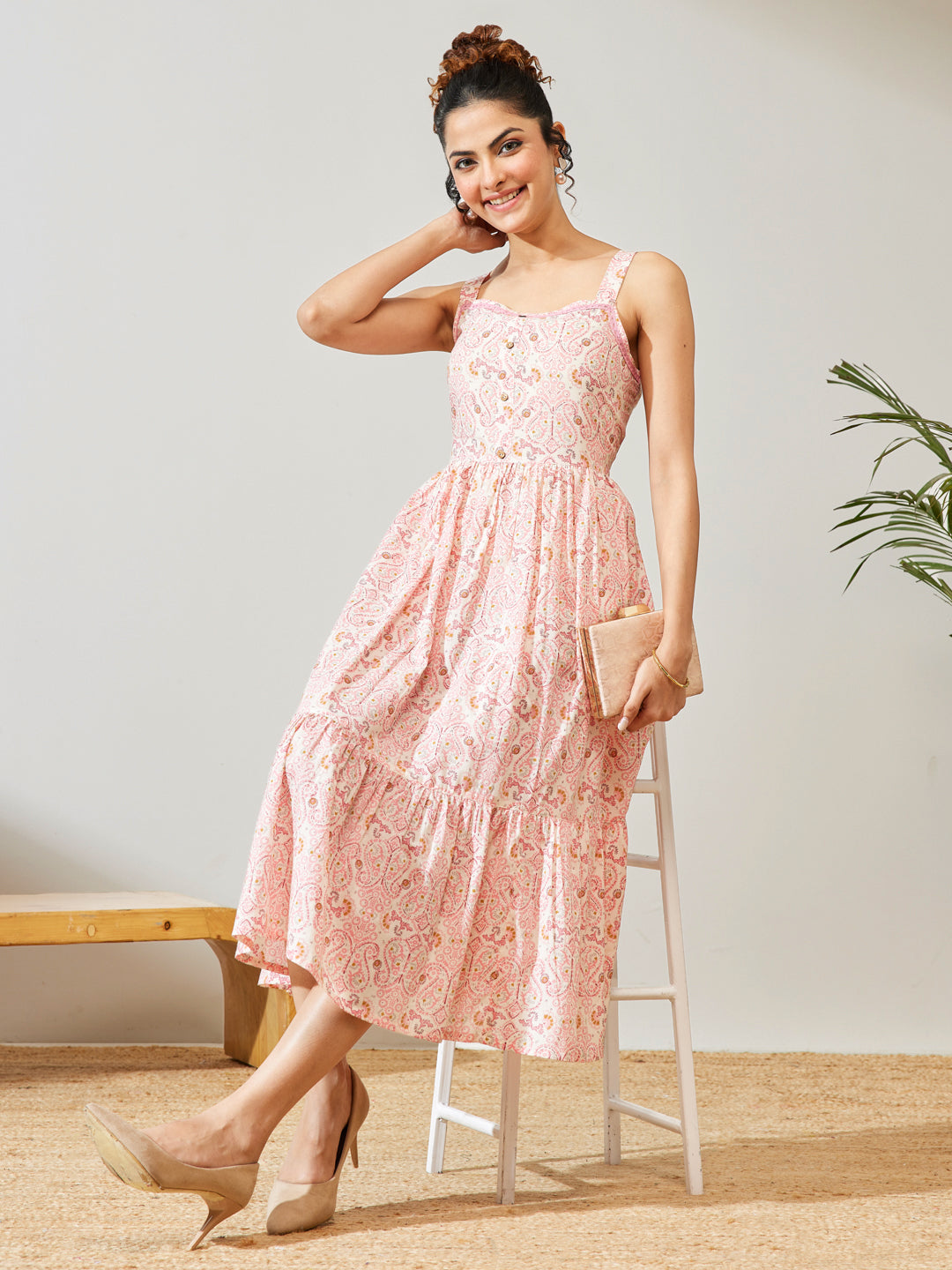 Janasya Peach Fit & Flare Cotton Dress - Dista