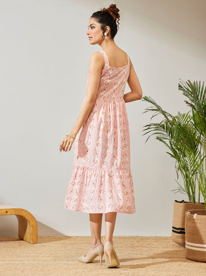 Janasya Peach Fit & Flare Cotton Dress - Dista