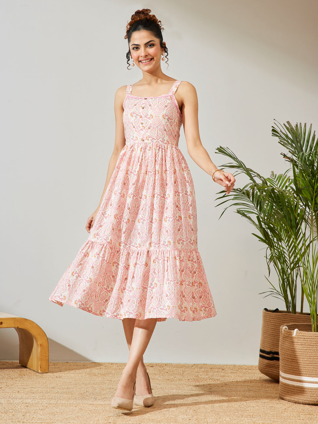 Janasya Peach Fit & Flare Cotton Dress - Dista